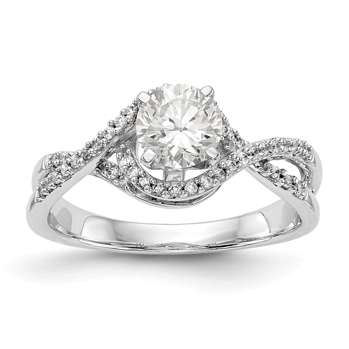 14k White Gold Peg Set Simulated Diamond Criss Cross Engagement Ring