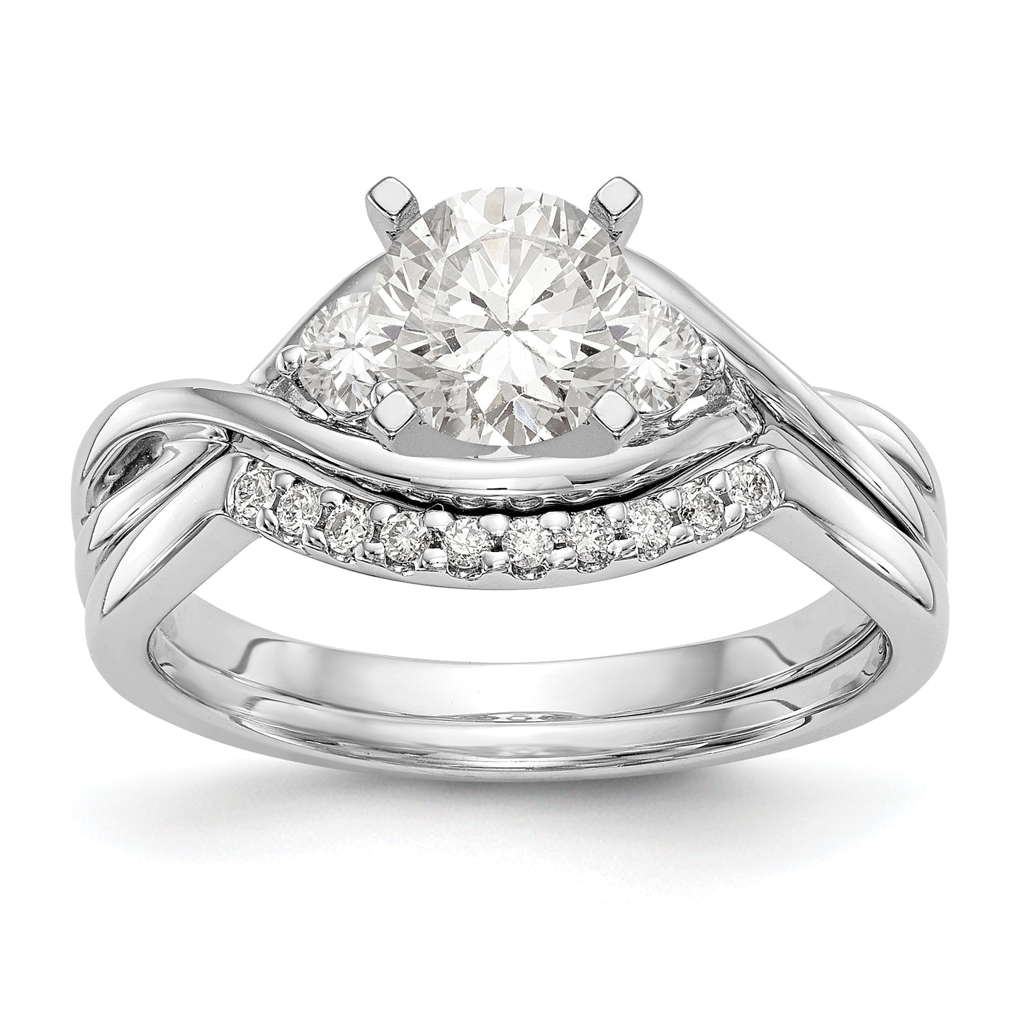 14k White Gold Peg Set Simulated Diamond Criss Cross Engagement Ring
