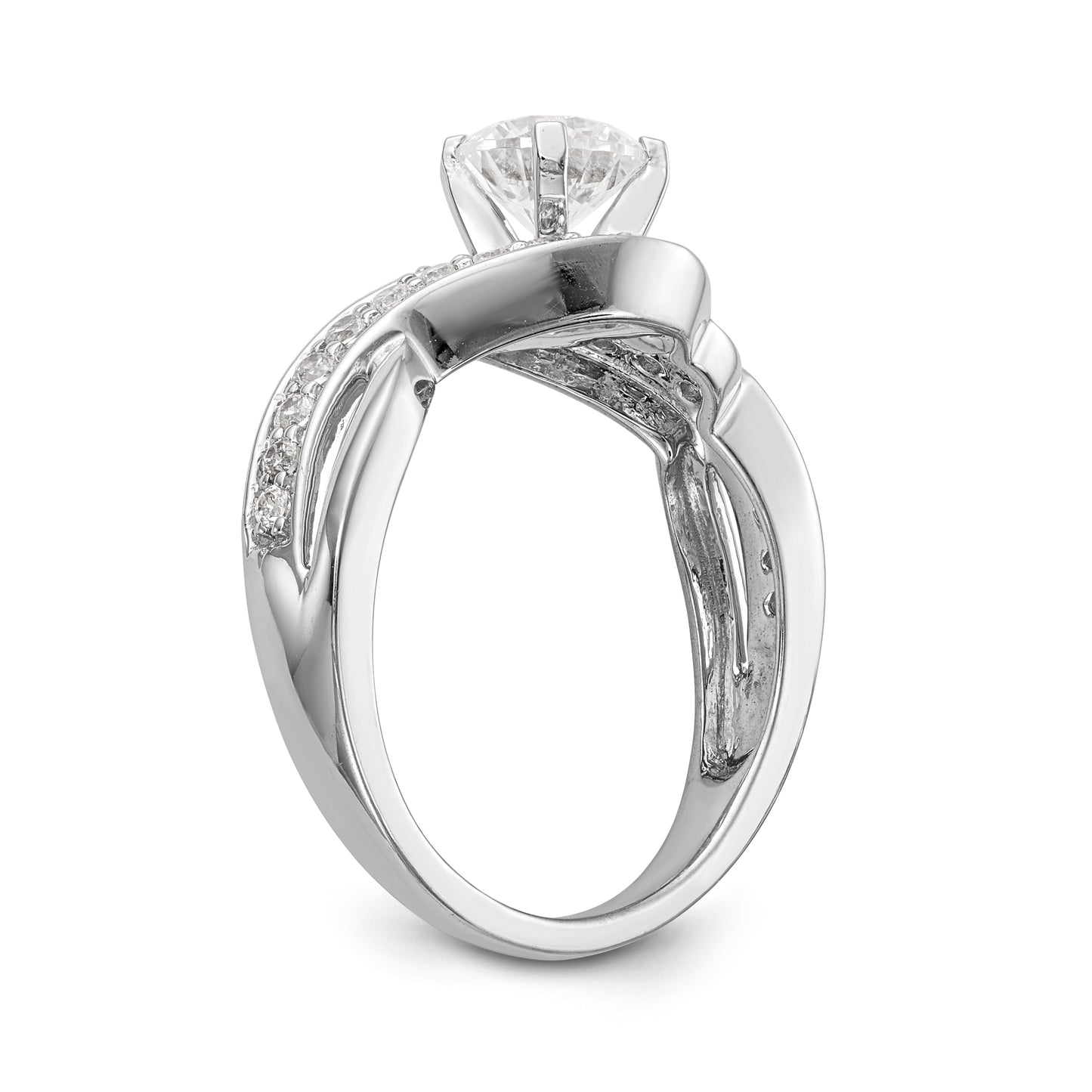 14k White Gold Peg Set Simulated Diamond Criss Cross Engagement Ring