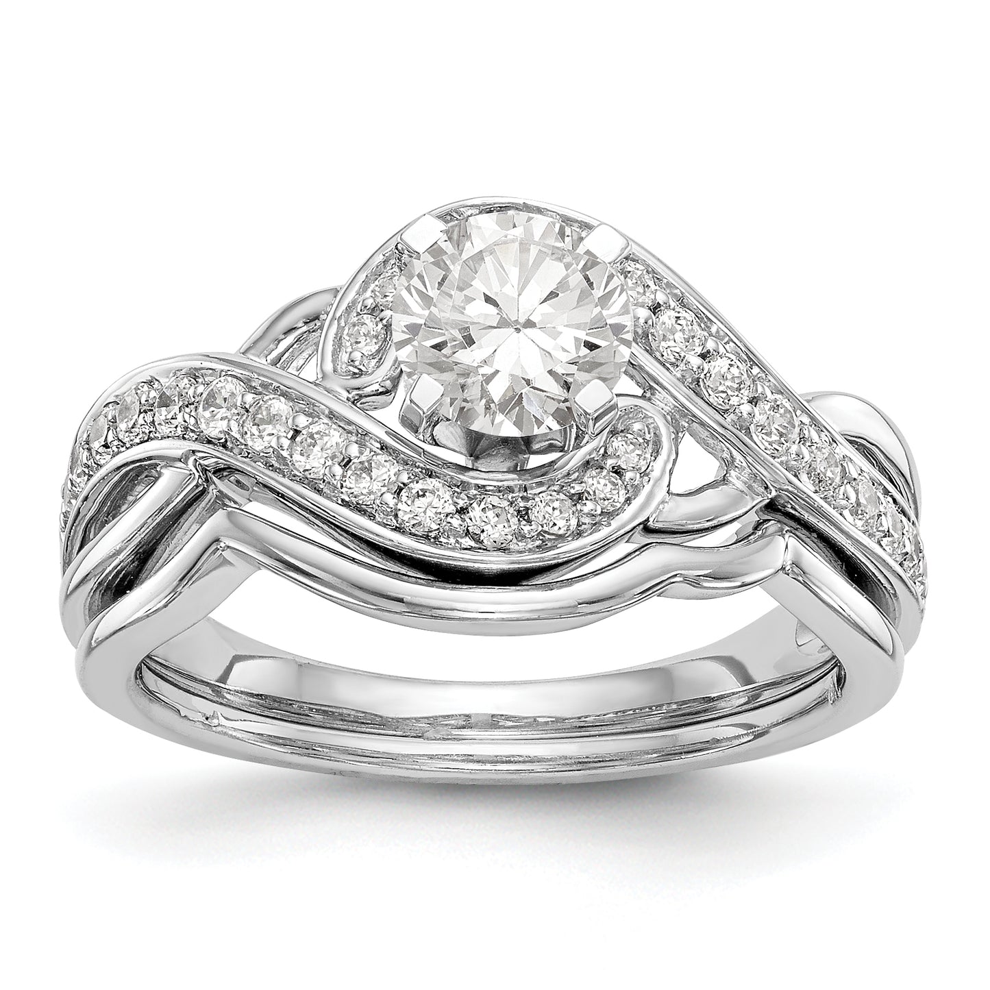 14k White Gold Peg Set Simulated Diamond Criss Cross Engagement Ring