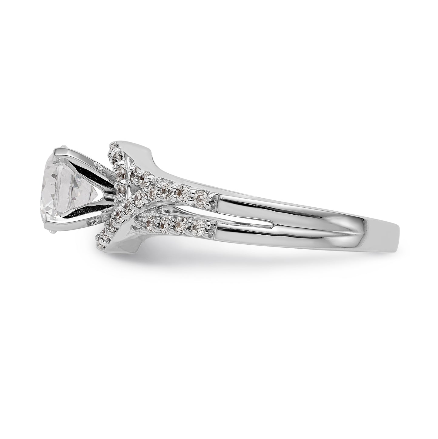 14k White Gold Peg Set Simulated Diamond Criss Cross Engagement Ring