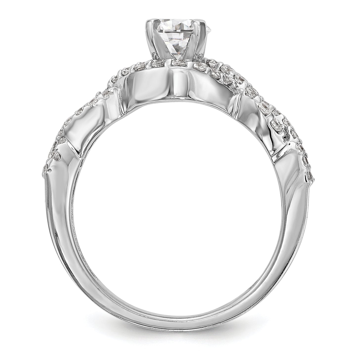14k White Gold Peg Set Simulated Diamond Criss Cross Engagement Ring