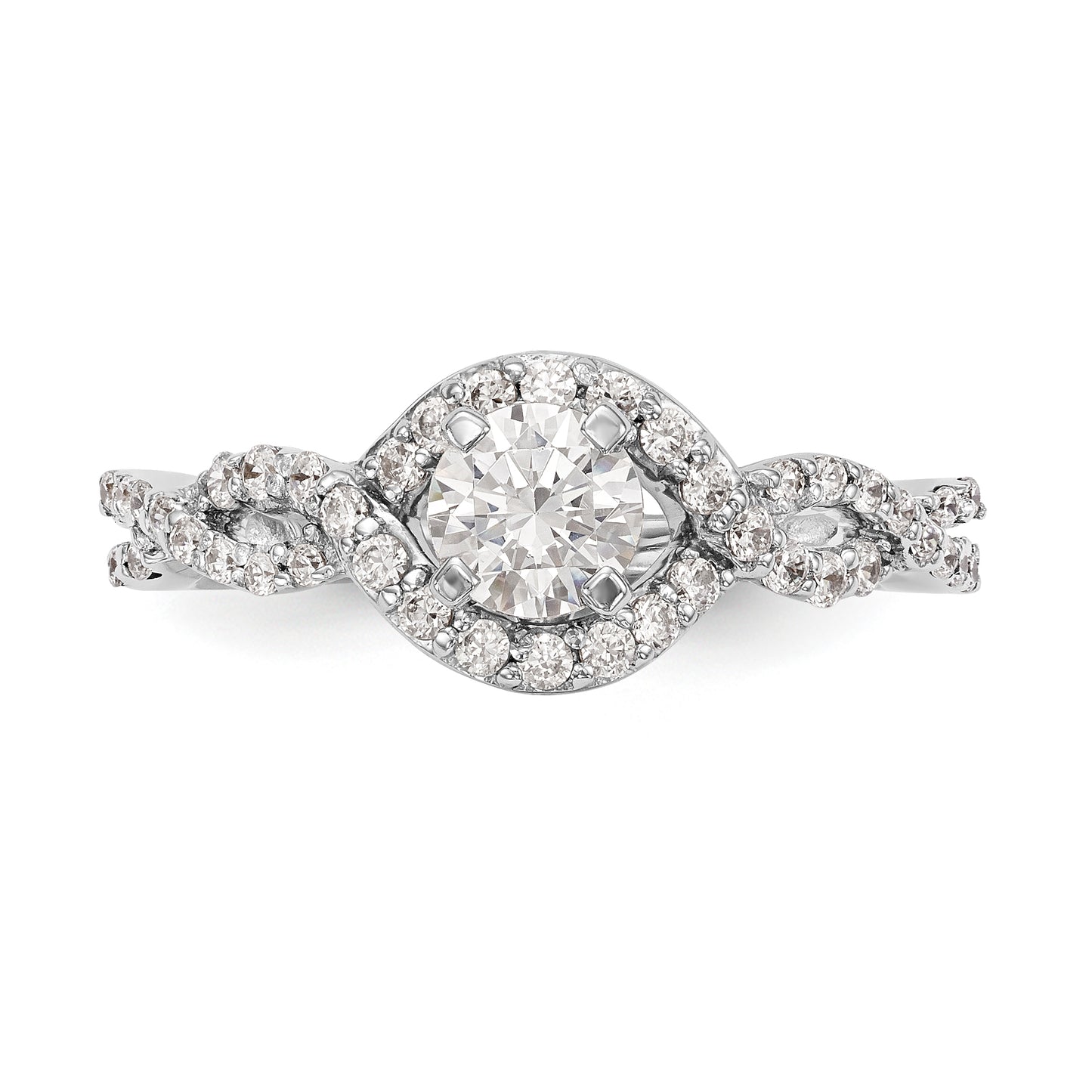 14k White Gold Peg Set Simulated Diamond Criss Cross Engagement Ring