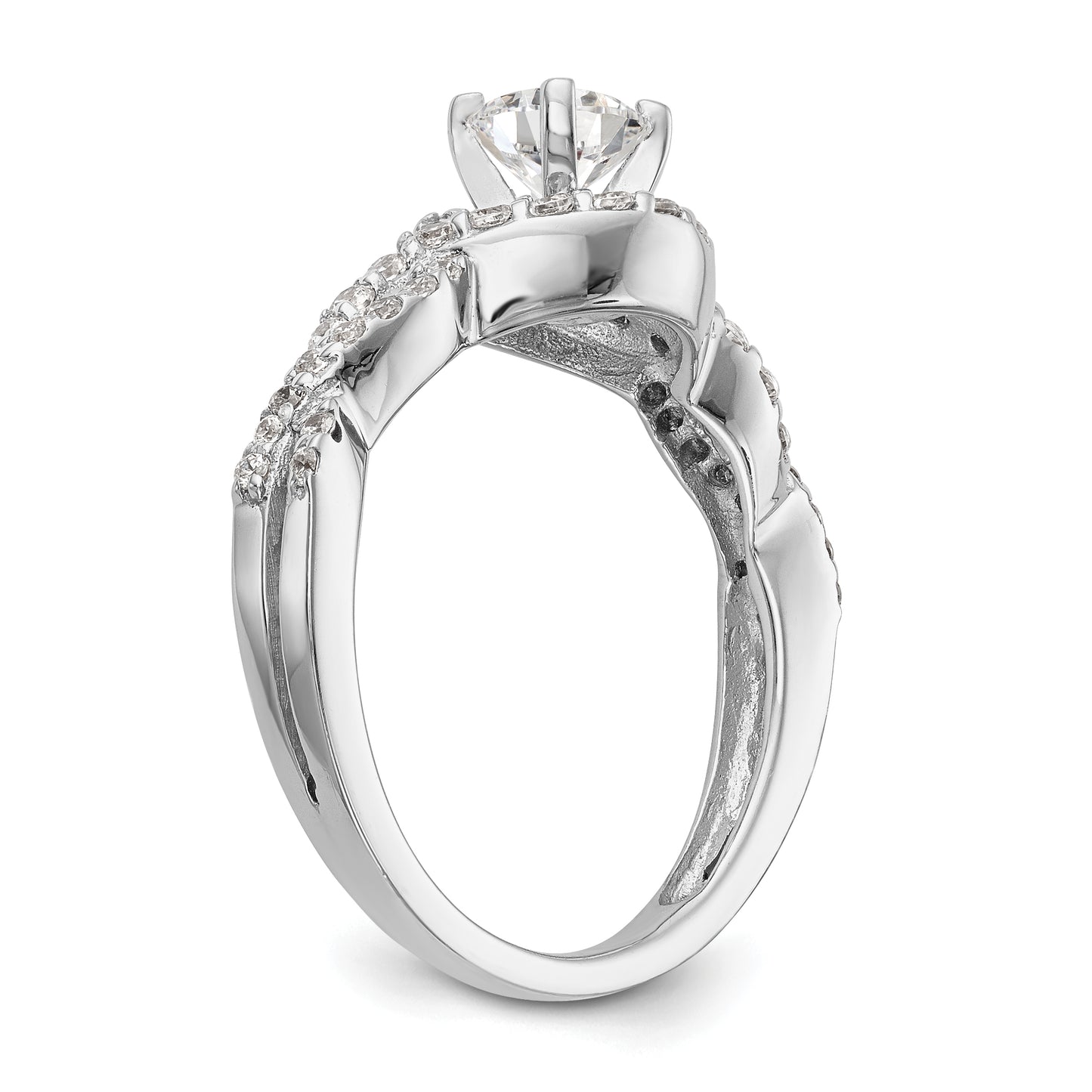 14k White Gold Peg Set Simulated Diamond Criss Cross Engagement Ring