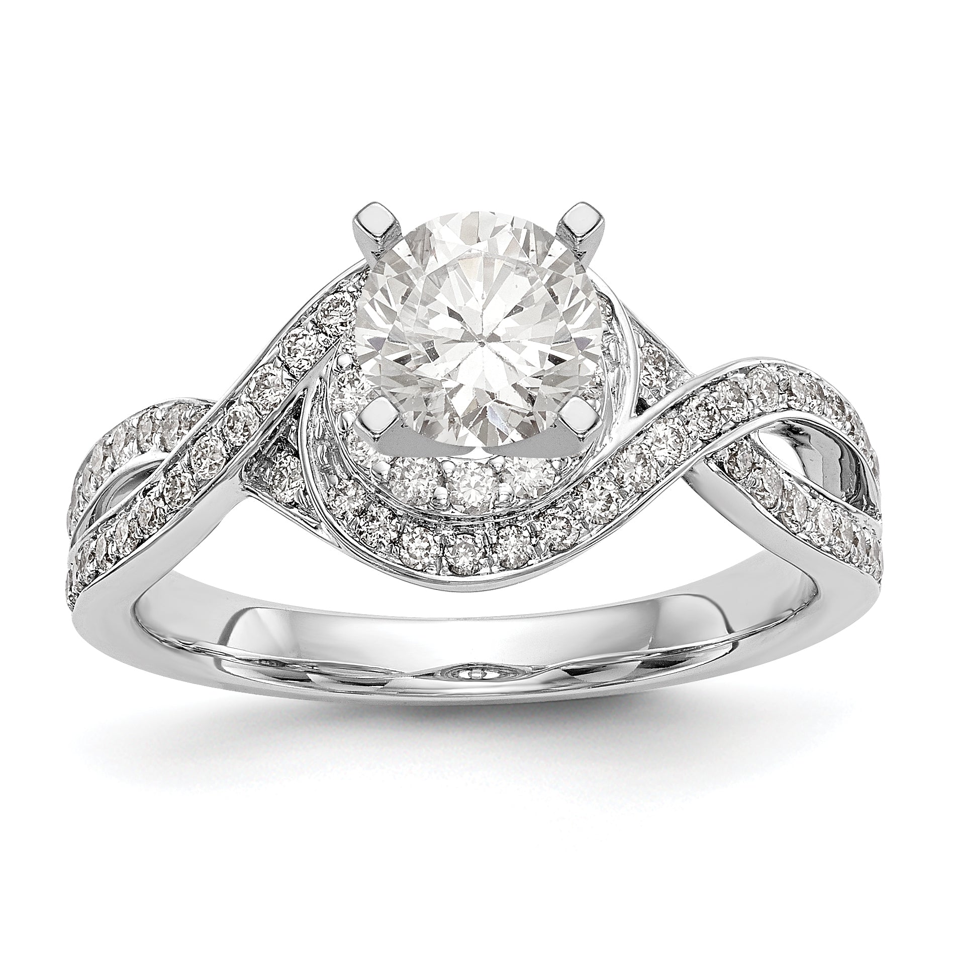 14k White Gold Peg Set Simulated Diamond Criss Cross Engagement Ring