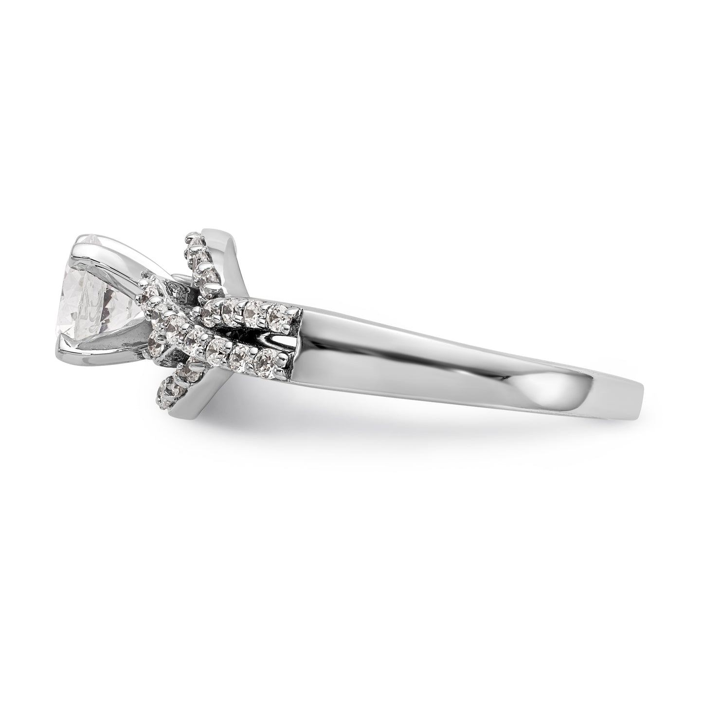 14k White Gold Peg Set Simulated Diamond Criss Cross Engagement Ring