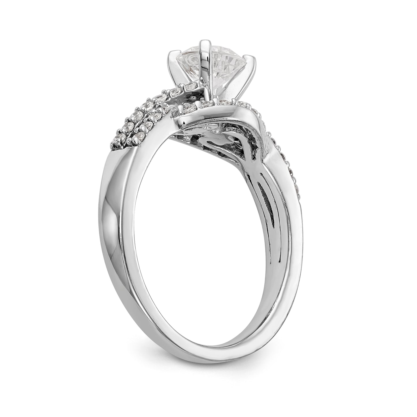 14k White Gold Peg Set Simulated Diamond Criss Cross Engagement Ring