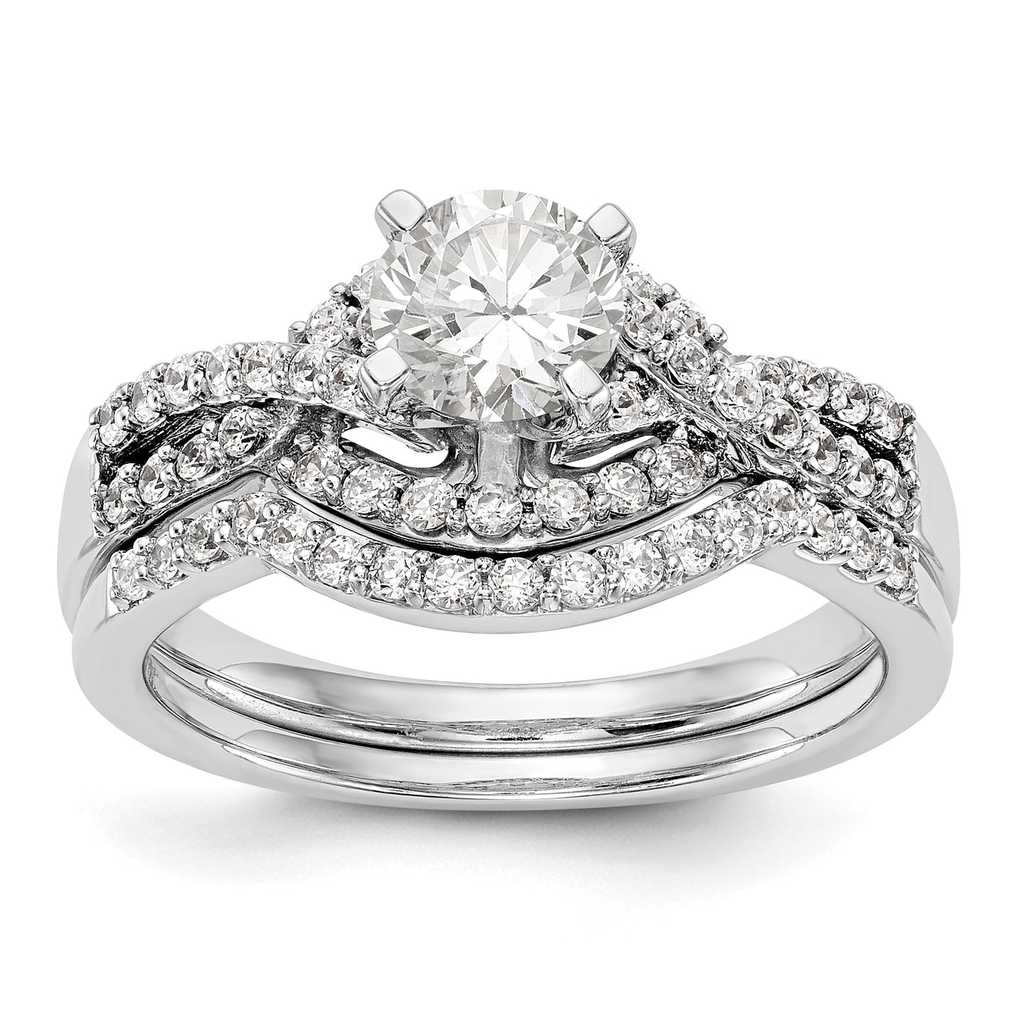14k White Gold Peg Set Simulated Diamond Criss Cross Engagement Ring