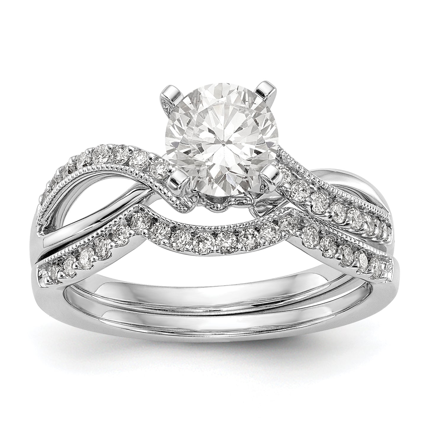 14k White Gold Peg Set Simulated Diamond Criss Cross Engagement Ring