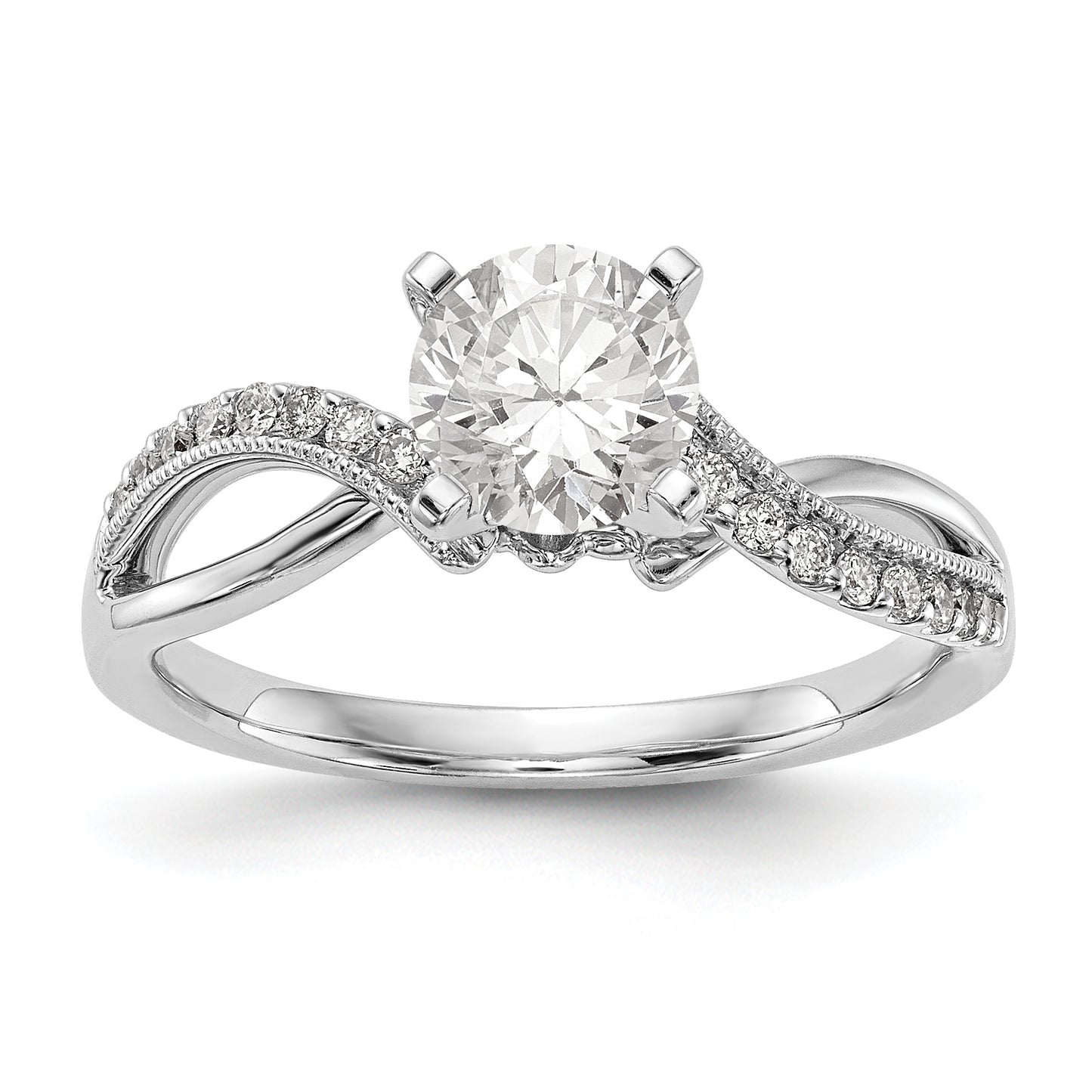 14k White Gold Peg Set Simulated Diamond Criss Cross Engagement Ring
