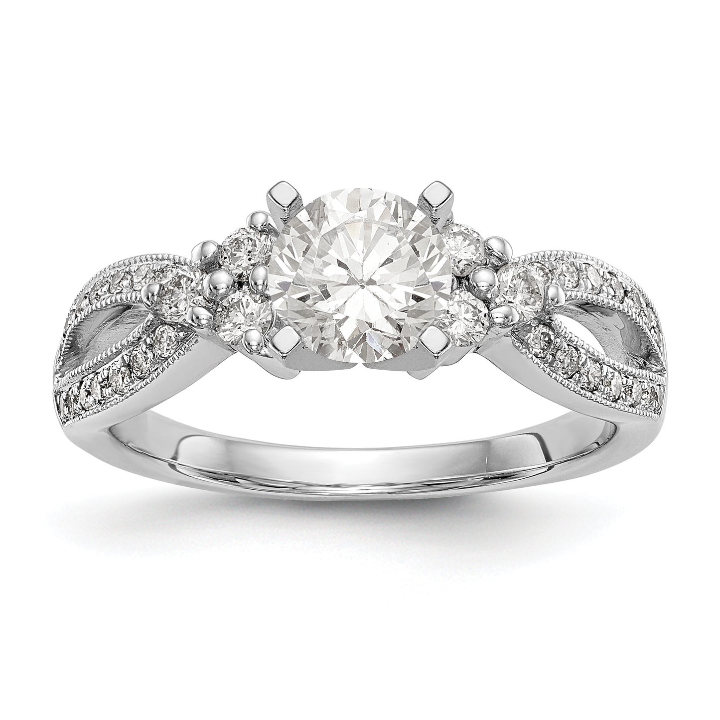 14k White Gold Peg Set Simulated Diamond Criss Cross Engagement Ring