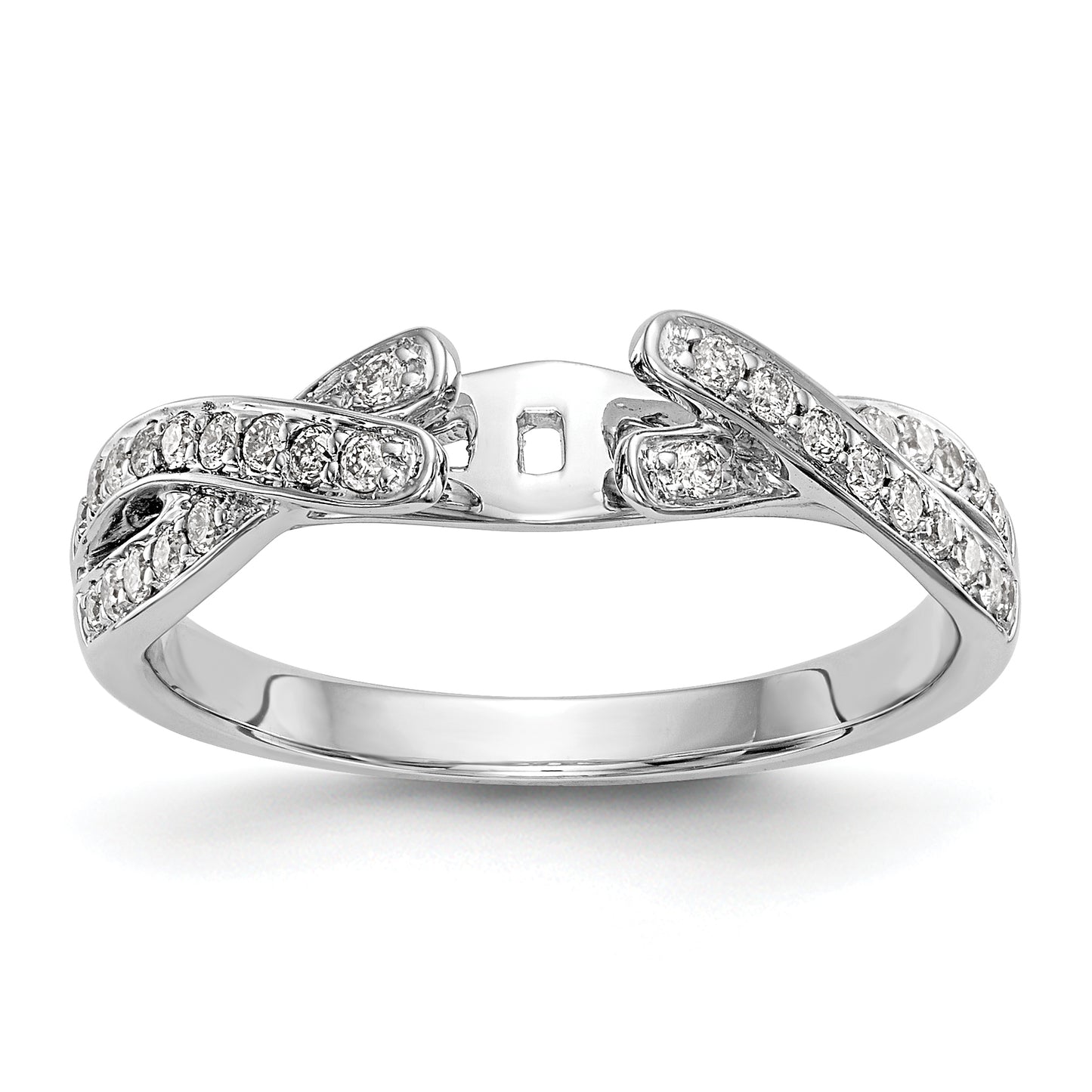 14k White Gold Peg Set Simulated Diamond Criss Cross Engagement Ring