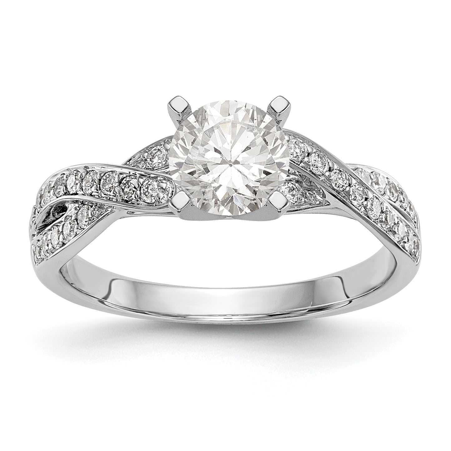 14k White Gold Peg Set Simulated Diamond Criss Cross Engagement Ring