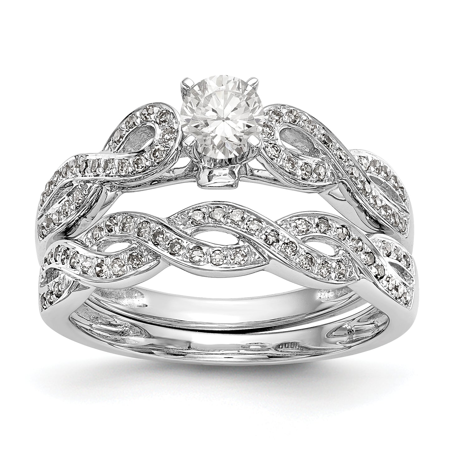 14k White Gold Peg Set Simulated Diamond Criss Cross Engagement Ring