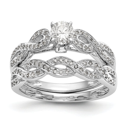 14k White Gold Peg Set Simulated Diamond Criss Cross Engagement Ring