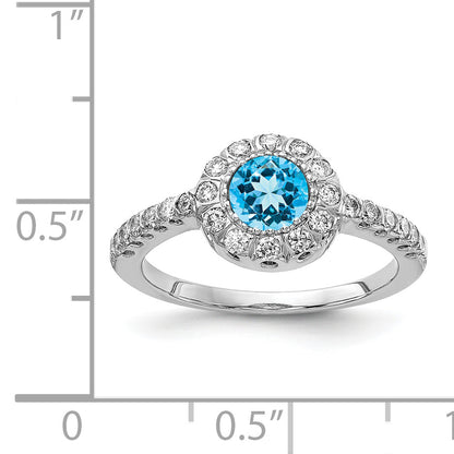 14k White Gold 5mm Blue Topaz Checker A Diamond ring