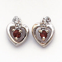 14k White Gold .01ct Diamond and Garnet Birthstone Heart Earrings