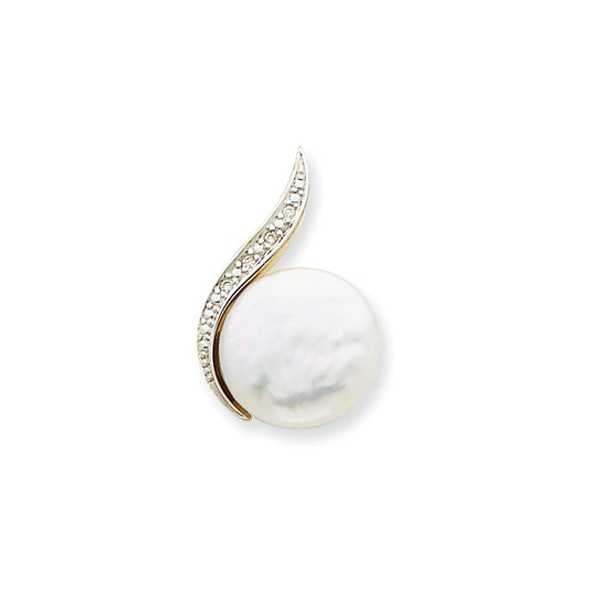 14k White Gold and Rhodium Diamond and Cultured Pearl Pendant