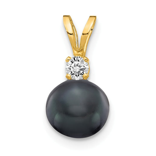 14k Yellow Gold Diamond 6mm Black Pearl (H/I1 Quality) Diamond Pendant