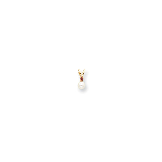14k Yellow Gold Diamond 4mm White Cultured Pearl & Ruby Pendant