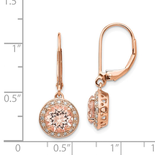 14k Rose Gold Diamond and Morganite Round Leverback Dangle Earrings