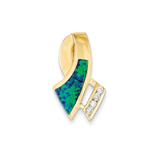 14k Yellow Gold Simulated Opal & Diamond Omega Slide Pendant