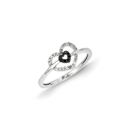 14k White Gold Black and White Diamond Double Heart Ring