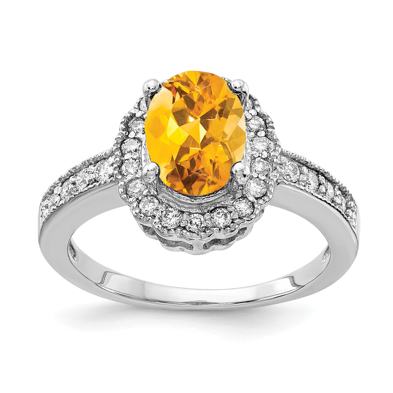 14k White Gold 8x6mm Oval Citrine Checker AA Diamond ring
