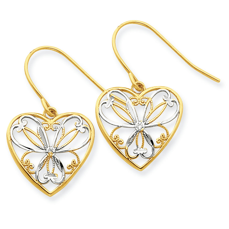 14K and Rhodium .01ct Diamond Heart Wire Earrings